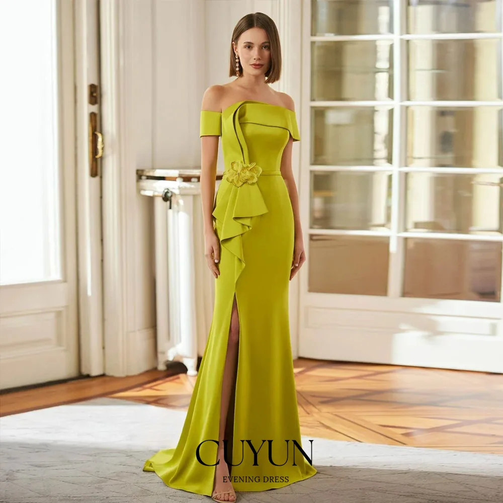 

CUYUN 3D Flowers Mother of the Bride Dresses for Women High Slit Ruffled Wedding Guest Gown Vestidos De Novia Customized
