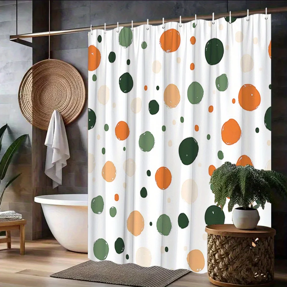 Abstract point shower curtain green, orange and beige white circle, minimalist modern art of contemporary bathroom decoration