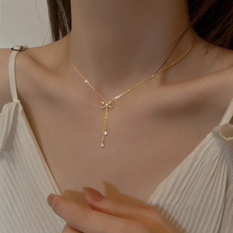 Fashion 925 Sterling Silver Bow Necklace Shiny Zircon Tassel Temperament Clavicle Chain Ladies High Jewelry Party Birthday Gift