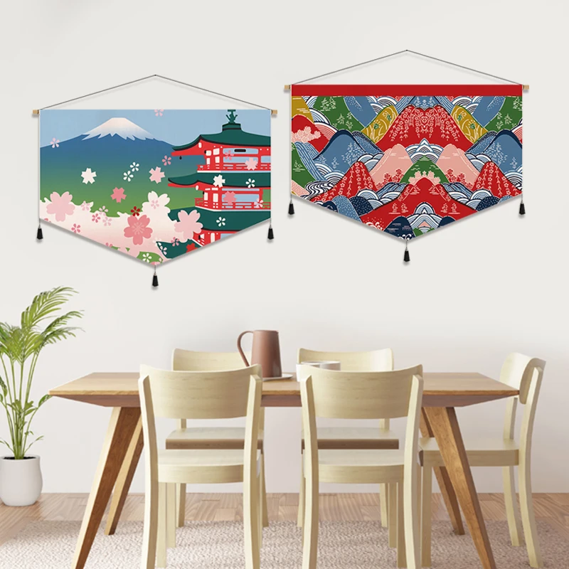 نسيج حائط Ukiyo-e - Maneki Neko، ديكور قماش Mount Fuji & Sakura لـ BnB، المطعم وغرفة النوم، فن التمرير الجمالي للغرفة #3