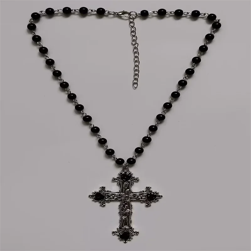 2022 Large Detailed Cross Drill Pendant Jewel Necklace Black Rosary Gothic Punk Jewellery Fashion Charm Statement Women Gift