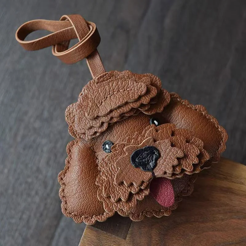 Creative Teddy Dog Keychain Bag Pendant Handmade Genuine Leather Original Design Car Key Bag Hanging Decoration Female Men Gifts