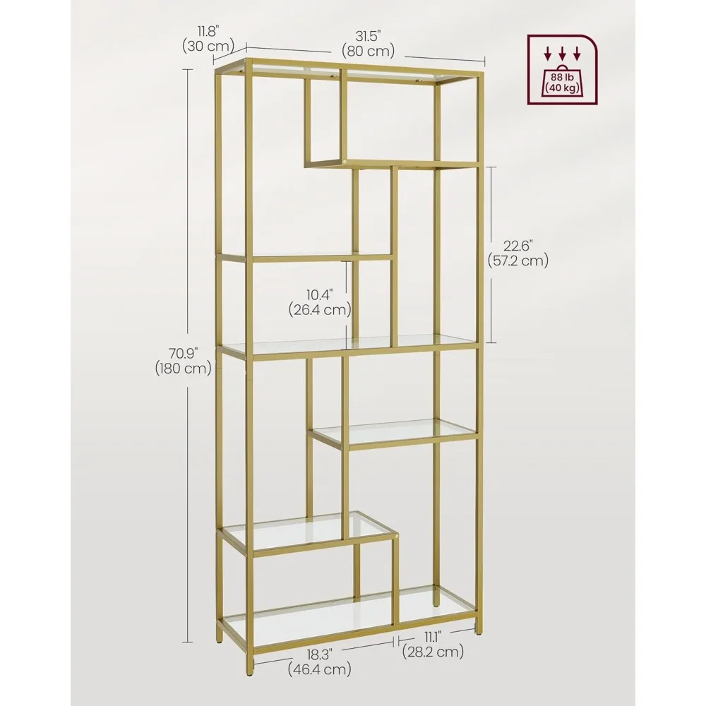 Librería alta de 6 niveles, estante de exhibición, soporte para plantas, 11,8 x 31,5 x 70,9 pulgadas, vidrio templado, para estudio, oficina, sala de estar