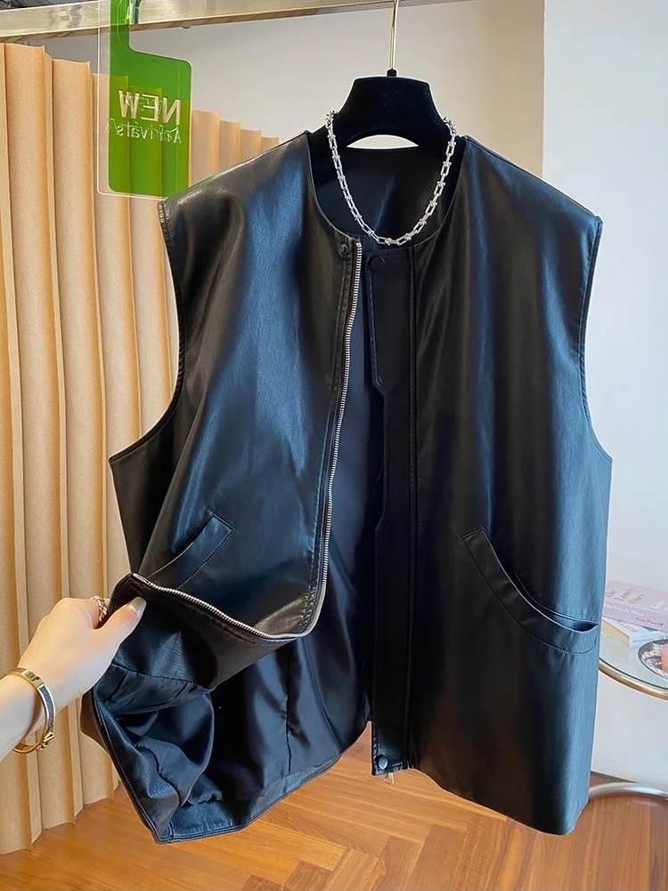 Black PU Leather Vest Jacket Women's Loose Mid-Length Outerwear Motorcycle Shoulder Pad Trendy Autumn Fashion Design