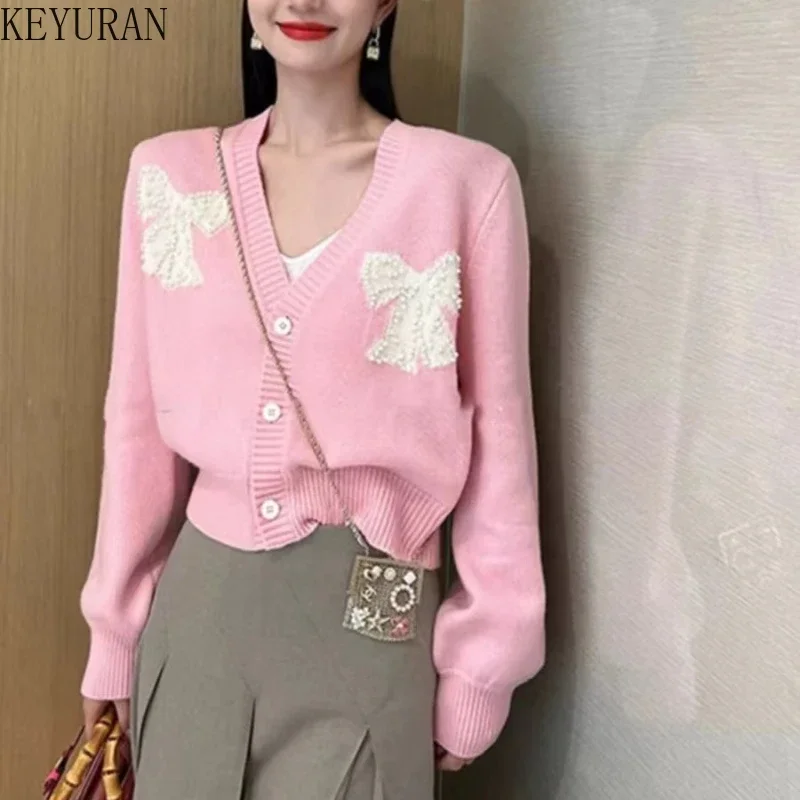 Autumn Winter Sweet Bow Beading Knitted Cardigan Women Vintage V-Neck Full Sleeve Sweater Korean Style Loose Short Knitting Tops