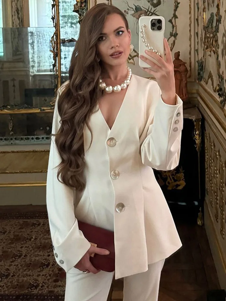 Women White 2 Pieces Set V-neck Single Breasted Ruffle Blazer Coat High Waist Long Pants Female Chic 2025 Spring Lady Outfits