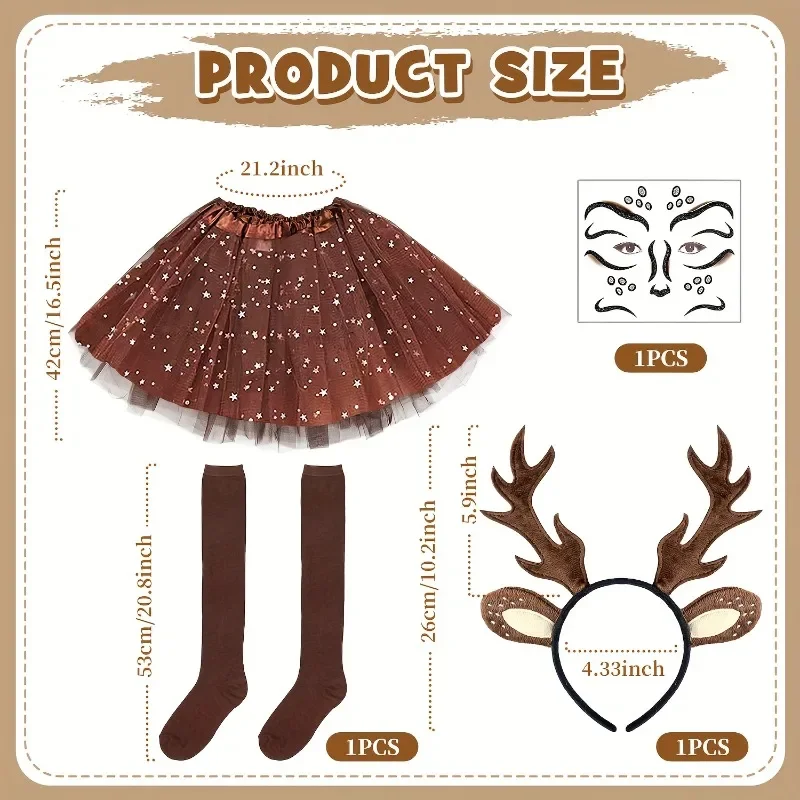 Disfraz De Reno Para Mujer – Falda De Tul Marrón Con Diadema De Cornamenta, Tatuaje Brillante Y Calcetines, Cinturilla Elástica 60-80 Cm, Ideal Para Navidad Y Carnaval