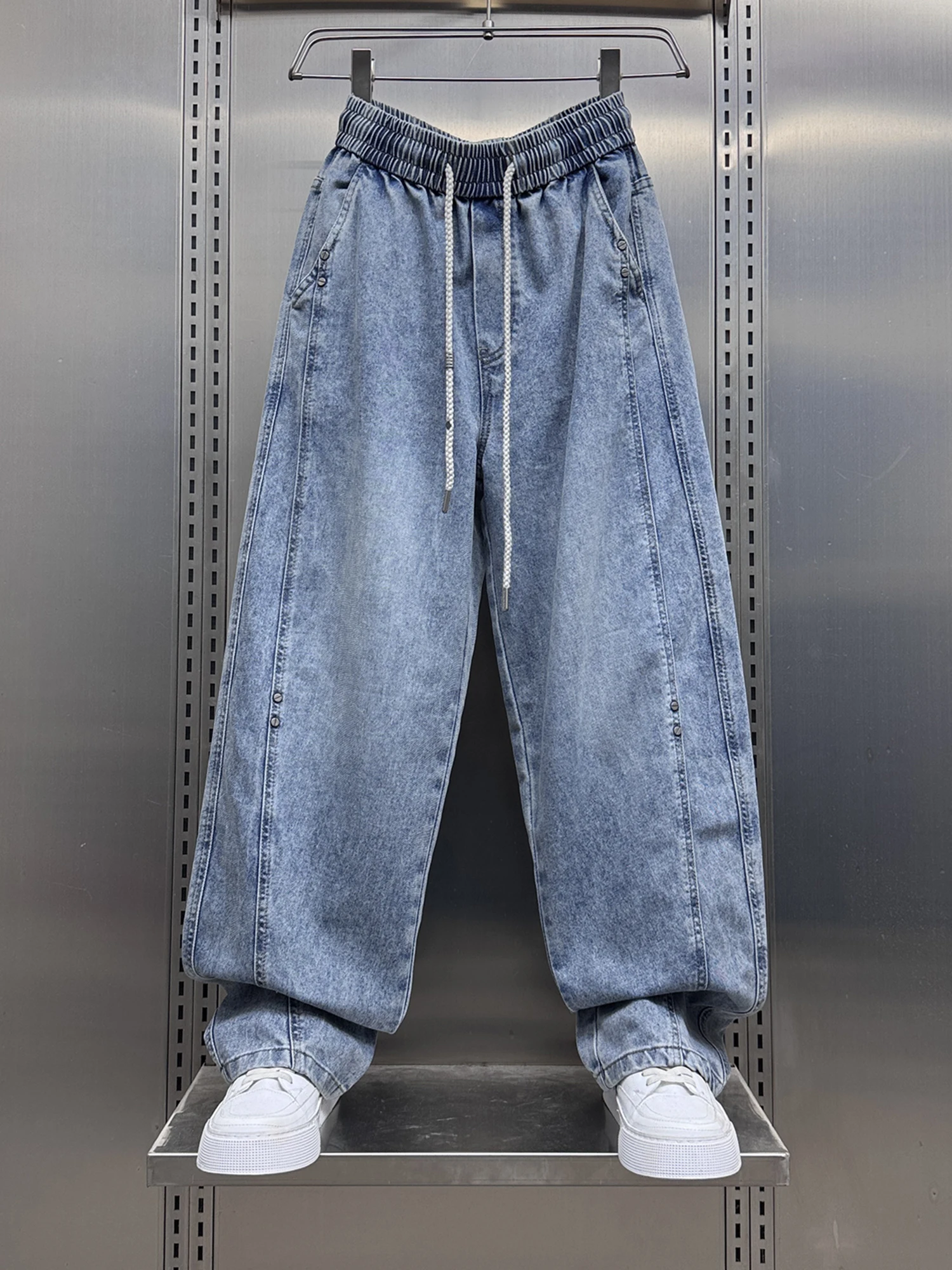 

Spring American Loose Rivet Jeans Men Elastic Waist Dstring Waed Wide Leg Pants Youth Straight Casual Long Trousers