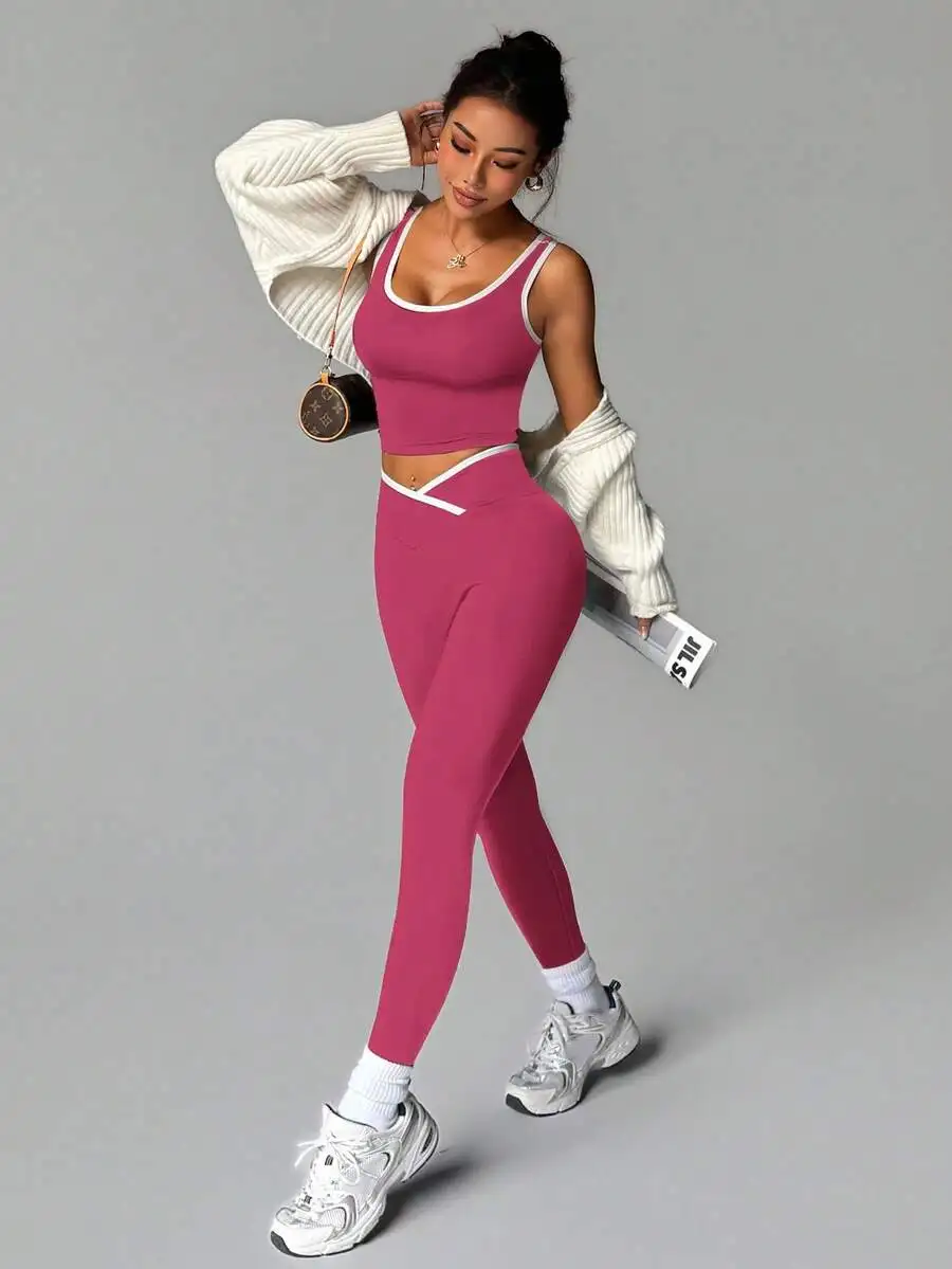 

Womens Purple Contrast Trim Seamless Yoga Set Sports Bra And Leggings