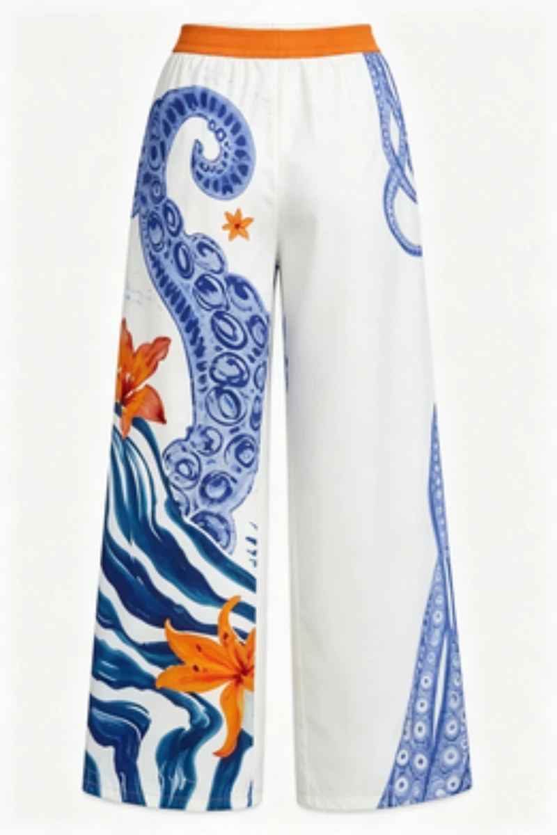 2026 New Ocean Blue Octopus Tentacle Orange Lily Flower Wave Pattern Drawstring Elastic Waist Lightweight Loose Casual Pants