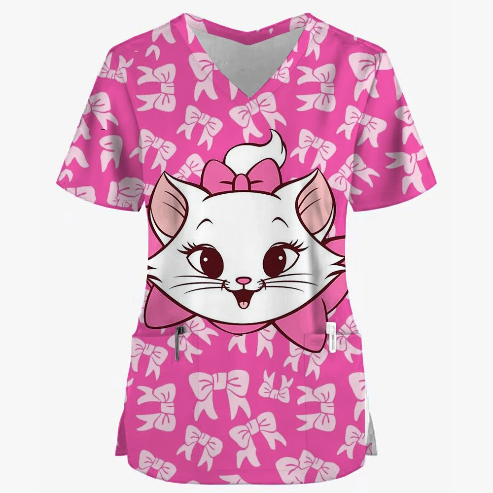 Women Nurse Uniform Disney Mary Cat Print Pocket V-Neck Nursing Scrubs Tops Cute Cat Workwear T-shirt Overalls Medical Uniforms