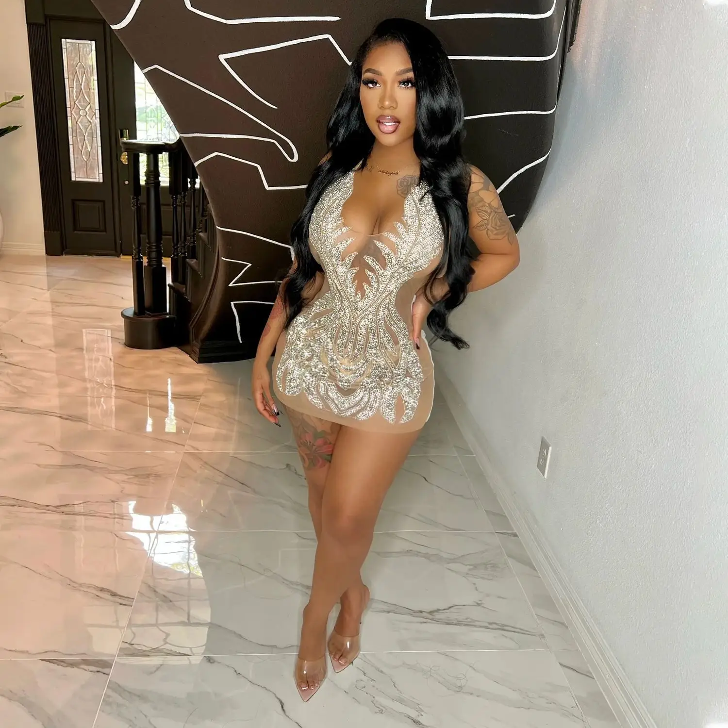 

Women Diamonds Rhinestone Party Birthday Dresses Night Club Mesh See Through Halter V-neck Backless Sexy Bodycon Mini Dress