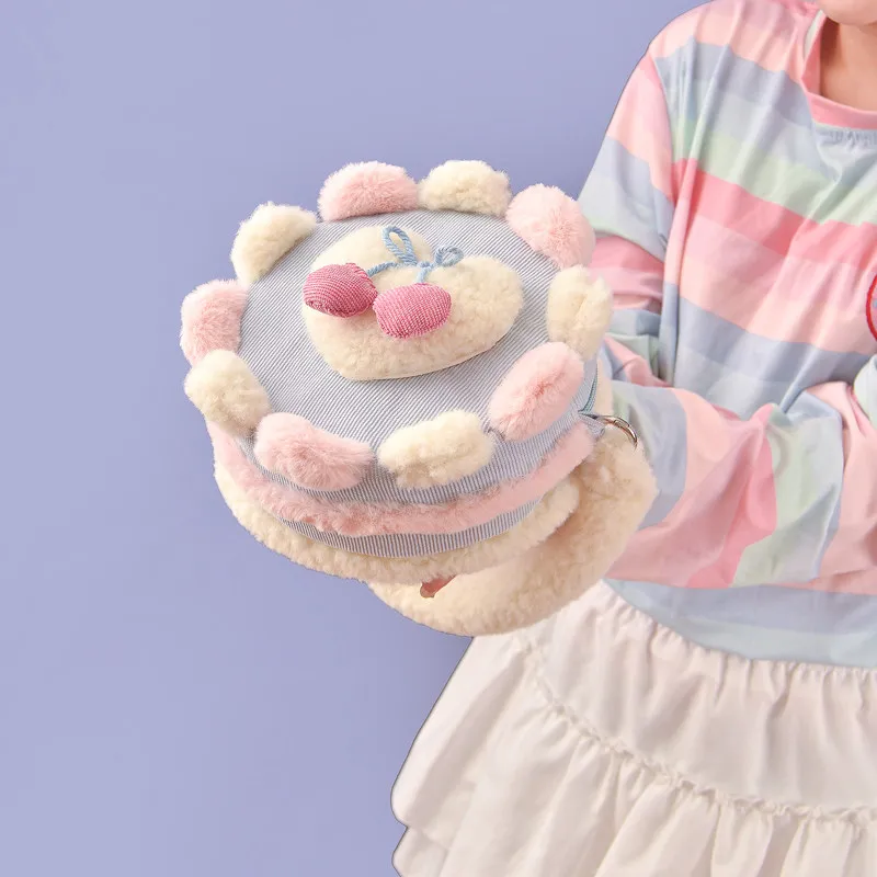2026 New Original Cute Cake Plush Handbag Women Sweet Lovely Round Crossbody Bag With Pearl Chain