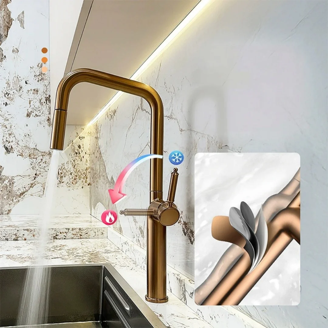 Brushed Gold Pull Out Kitchen Faucet SUS304  Grey Kitchen Mixer Tap Rotation Sink Faucet Mixer Brushed Rose Gold Kitchen Faucet