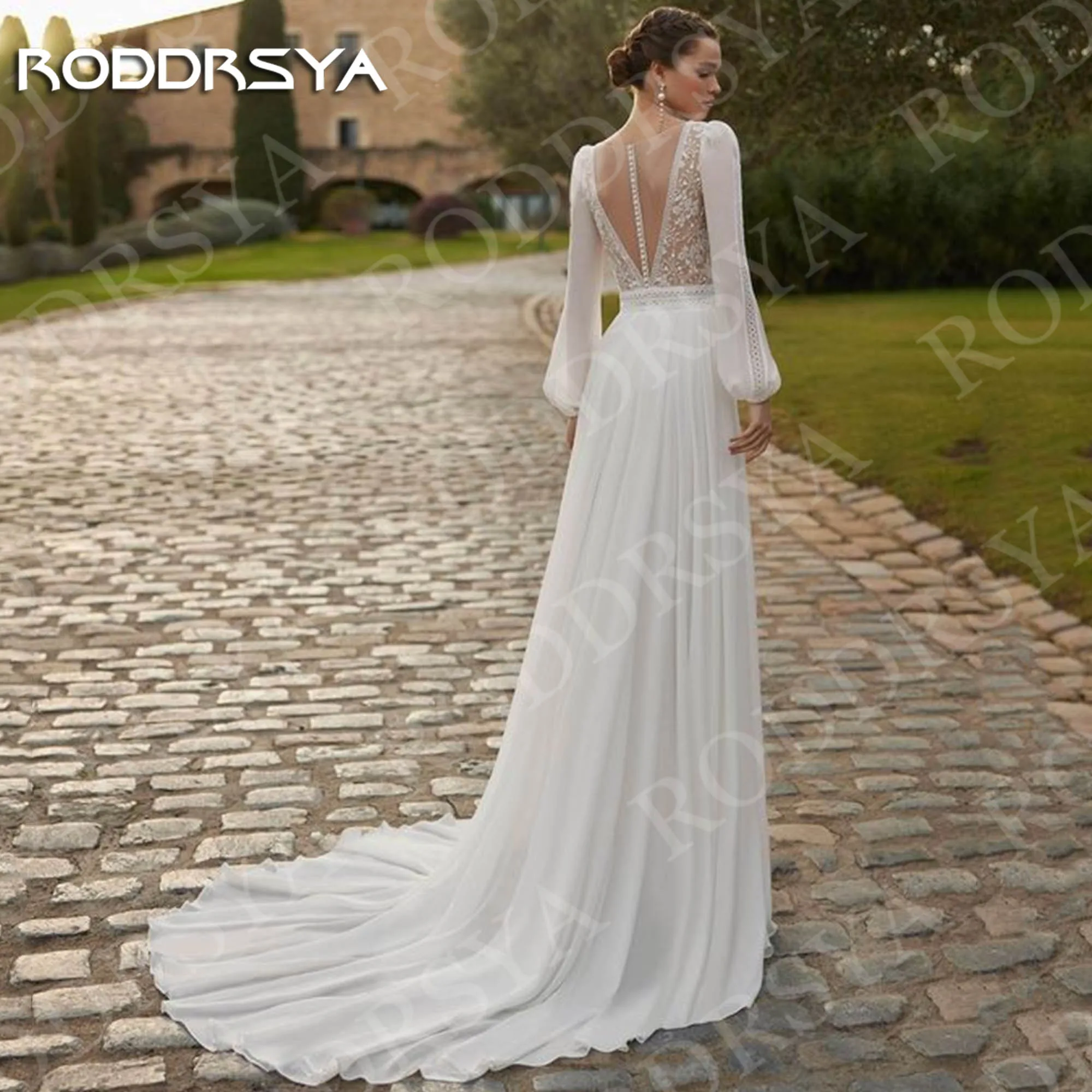 RODDRSYA بوهو فستان الزفاف كم طويل ألف خط أنيق الدانتيل الخامس الرقبة عالية الشق الشيفون فساتين زفاف مخصصة فيستدو دي نوفيا بوهو فستان الزفاف الأكمام الطويل خط أنيق الدانتيل V الرقبة عالية الشق شيفون فساتين العراس مخصصة