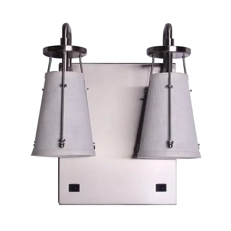 Modern Bedside Hotel Room Lighting for Hotel Lamp Shades Satin Nickel Metal Bracket White Linen Fabric Shade Hotel Wall