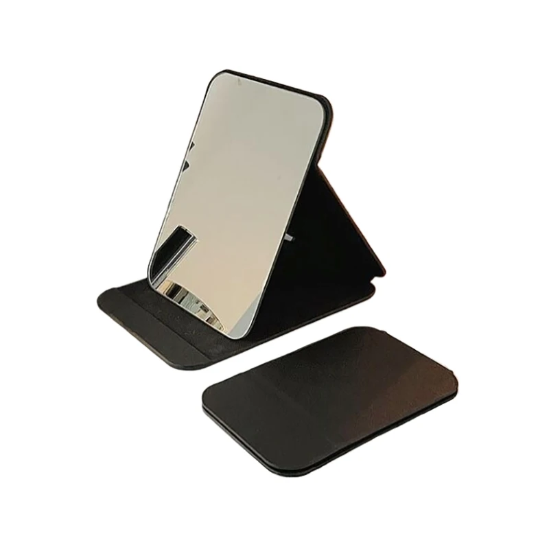 Desktop Makeup Mirror Solid Color PU Leather Simple Portable Handheld Black Mirror Foldable Student Compact Cute Pocket Mirror