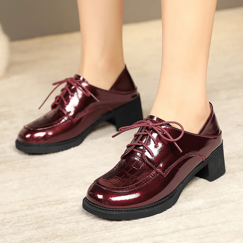 AIYUQI Women Oxford Shoes Genuine Leather 2024 New Spring Large Size Women Shoes Lace-up Mid-heel Patent Leather Women\'s Shoes