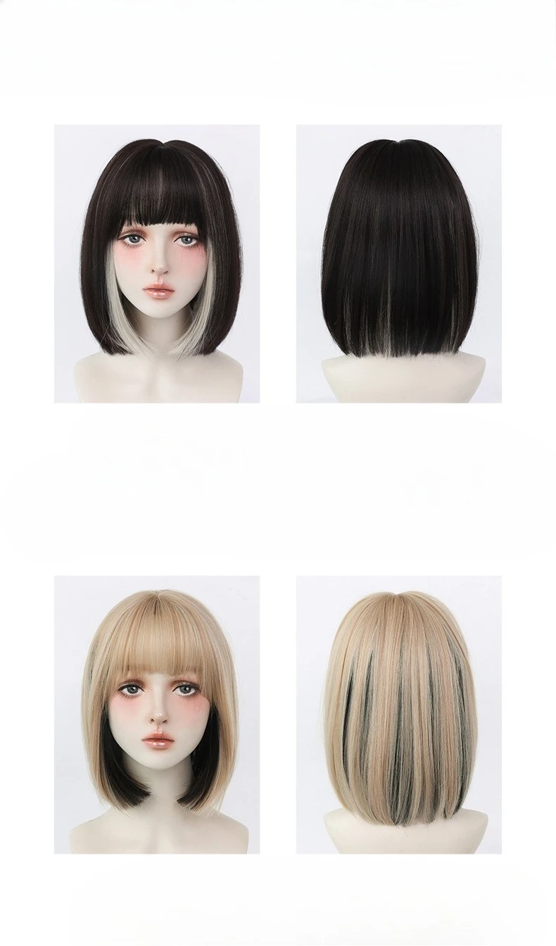 باروكة شعر قصيرة، صبغة أذن معلقة، غطاء رأس كامل، شعر الترقوة، وجه مستدير، غرة أنيقة، شعر مستعار بوب