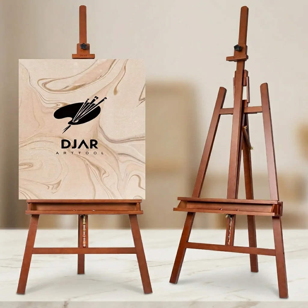 DJAR Large Wooden Studio Art Easel, Heavy Duty Adjustable Floor Painting Stand & Canvas Holder for Artists - Walnut