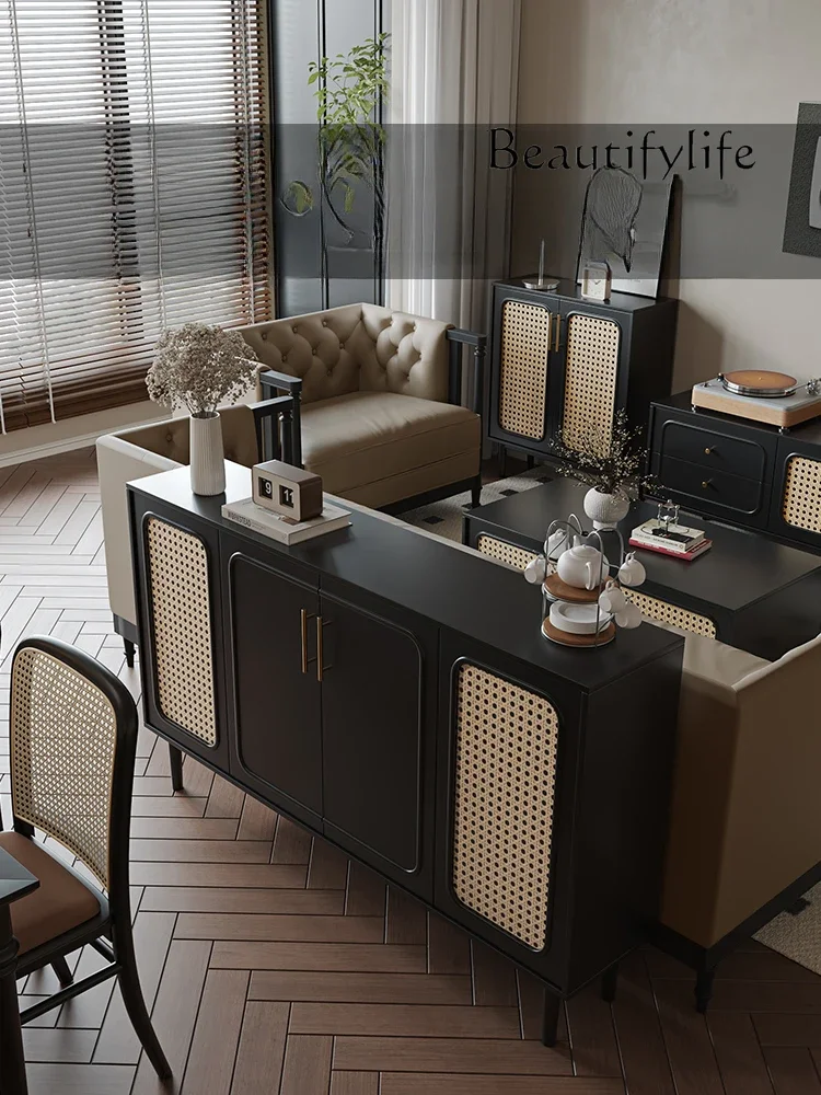 

French Retro Rattan Ultra-Thin Sideboard Cabinet Multi-Functional Side Cabinet