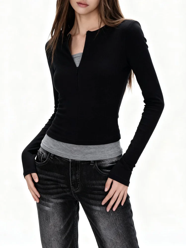 Y2K Kleidung Damen T-Shirt Neues Fake-Zweiteiler-Design mit Reißverschluss Pullover Slim Fit Langarm T-Shirt Herbst Winter 2000er Jahre Tee Top – Detail 2