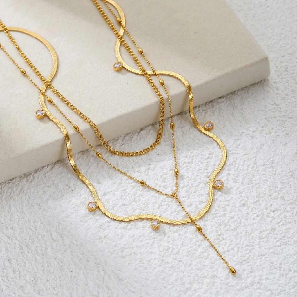 Stainless Steel Layer Stack Necklace Set for Women Clear Zircon Snake Choker Beaded Y Lariat Long Drop Chain Minimalist Jewelry