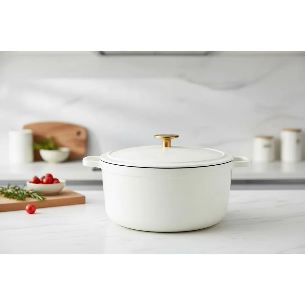 

5QT Enameled Cast Iron Dutch Oven with Lid, Perfect for Bread Baking & Versatile Cooking, Dual Handles, White