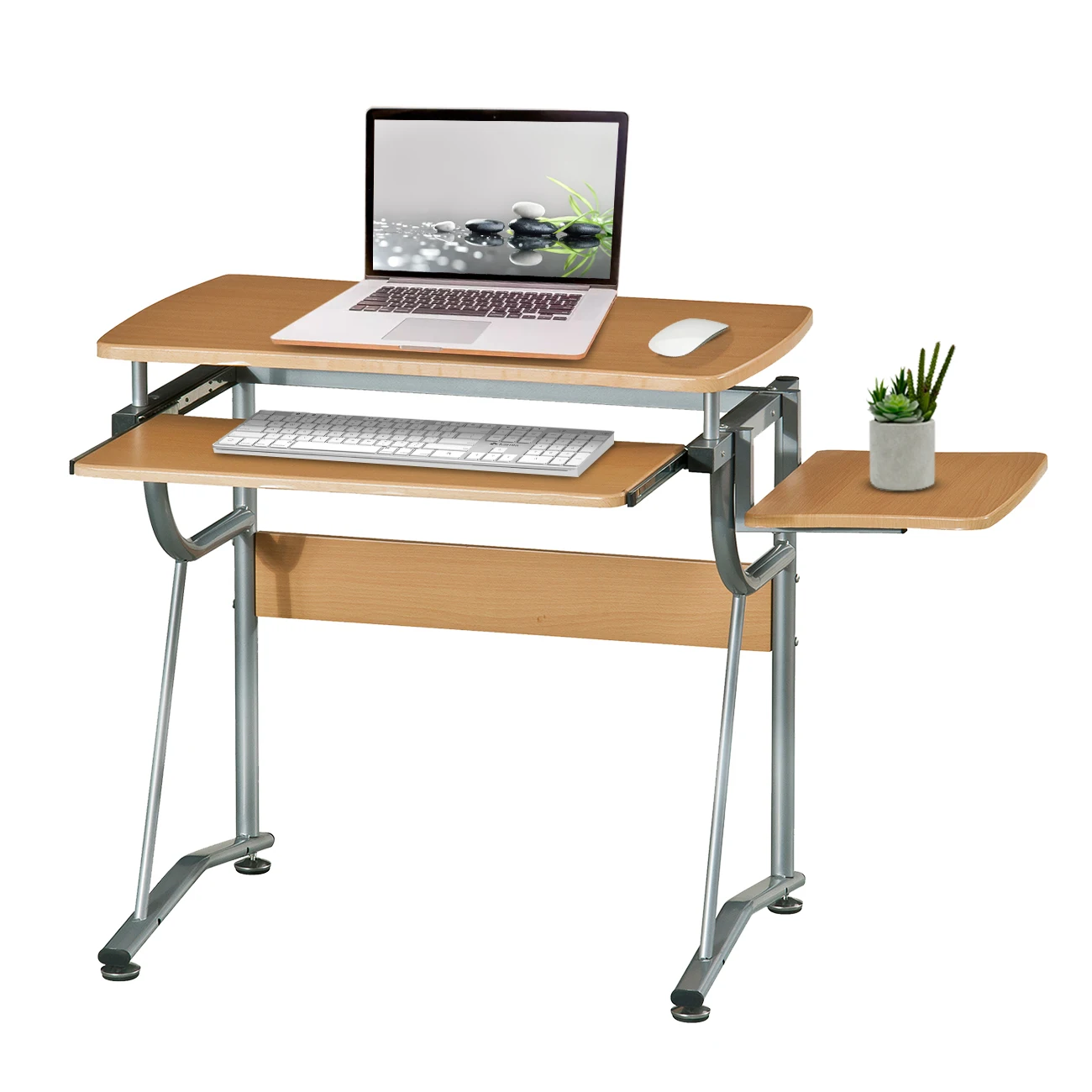 Techni Mobili Compact Computer Desk with Side Shelf and Keyboard Panel, Cherry - Versatile and Convenient