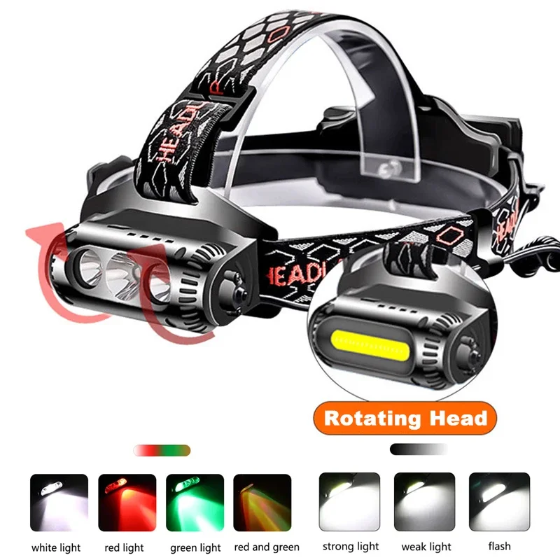 

Super Bright LED COB Headlamp Rotatable Lamp Holder Built-in 18650 Battery Rechargeable Waterproof Head Flashlight Camping Light