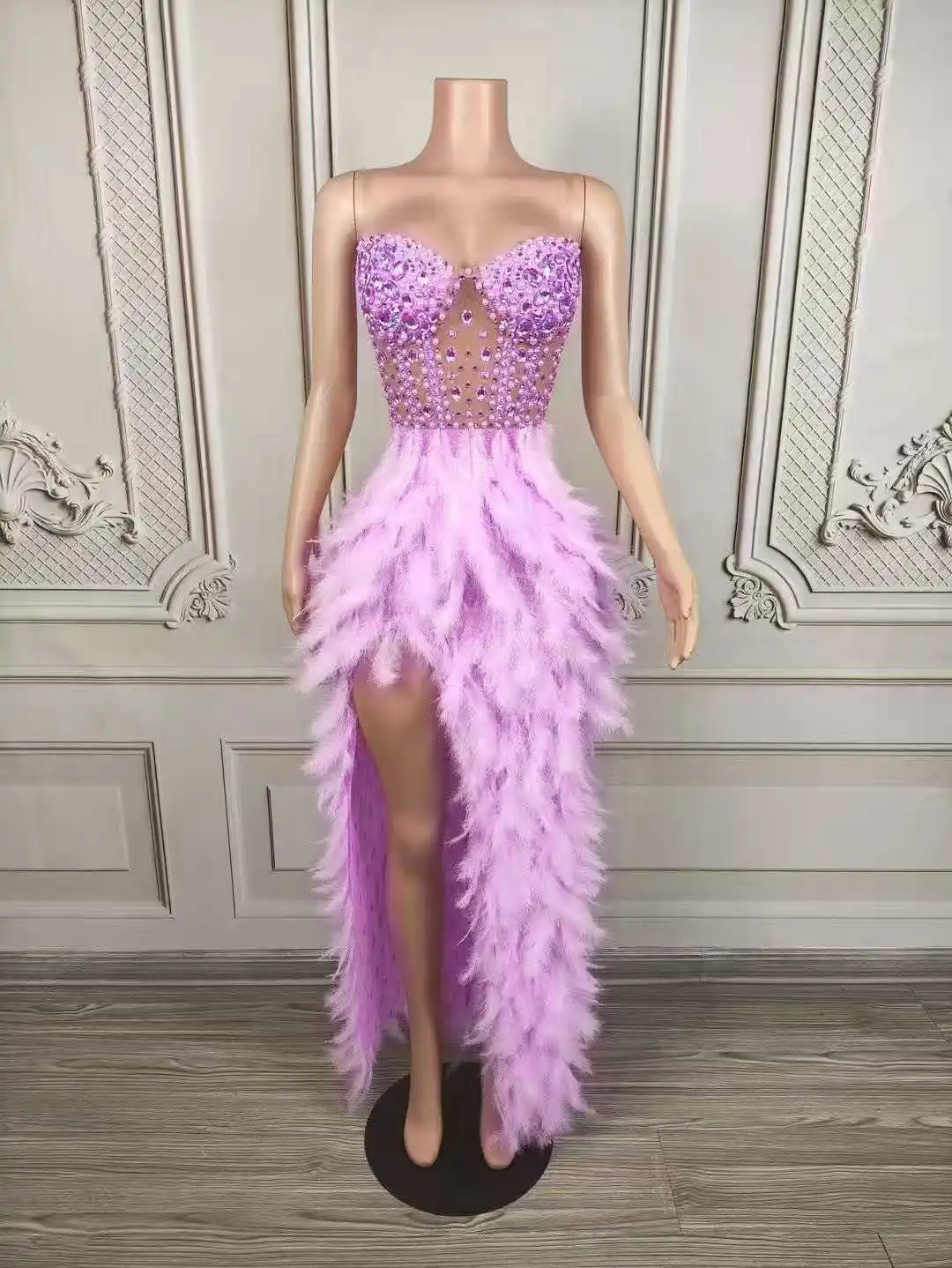 

Women Eye-catching 2025 New Sparkle Elegance Glitter Dress With Feather Homecoming Celebrate Las Vegas Show Drag Queen Costume