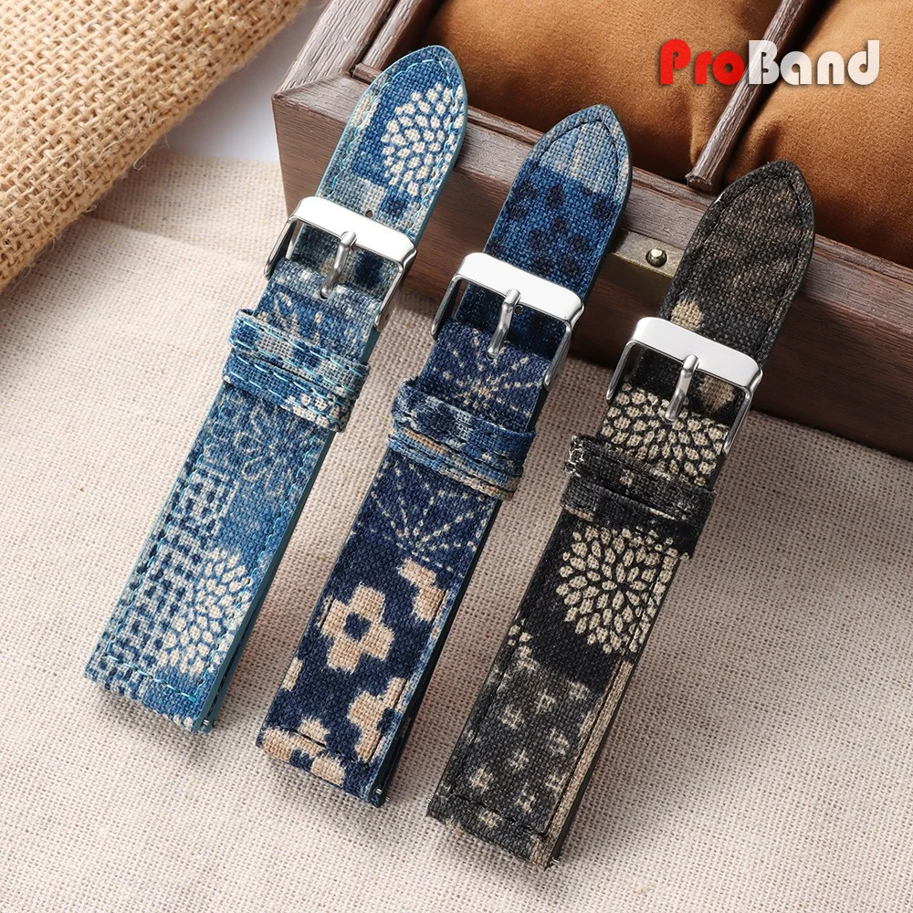 Image of 20mm 22mm Japanisches Baumwoll-Leinen-Leder Uhrenarmband Schnellverschluss Uhrenband Universeller Ersatz-Uhrenriemen Indigo Blumenmuster Gürtel