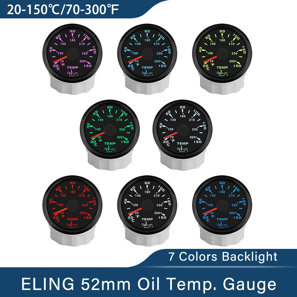ELING Pointer Style 52mm Oil Temperature Gauge 20-150℃ Indicator Meter with 7 Colors Backlights for Truck Car Boat 12V 24Volts