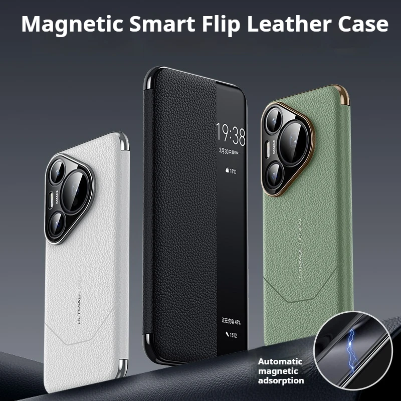 Custodia Flip Cover in vera pelle per HUAWEI Pura 70 Pro Ultra Smart View Wake Sleep Call ID Display