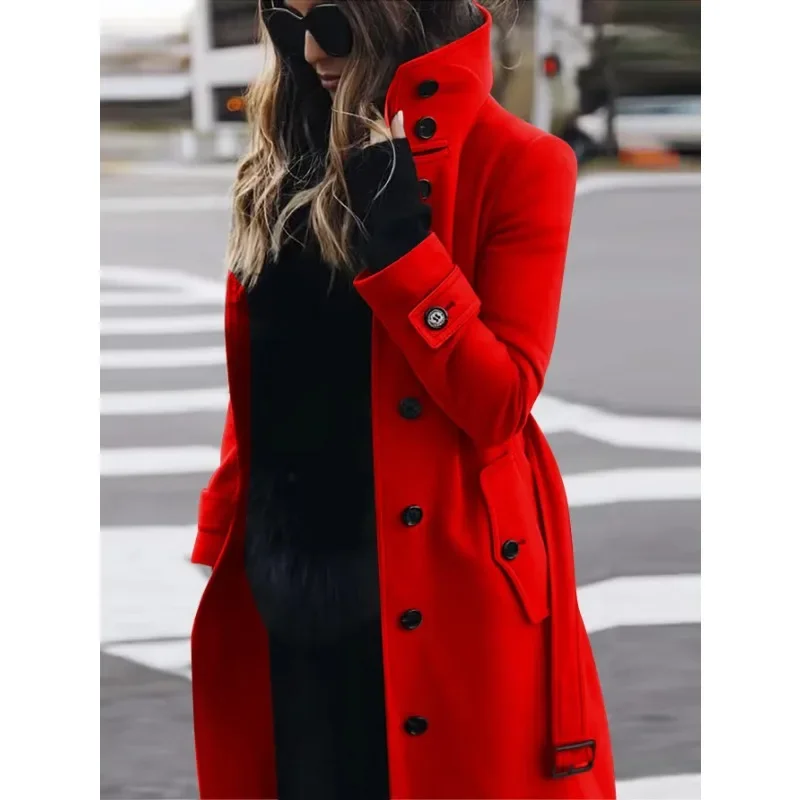 Women\'s Slim Fit Cardigan Large Coat Autumn Winter New Woolen Coat Women Long Sleeve Single Breasted Stand Collar Woolen Coat