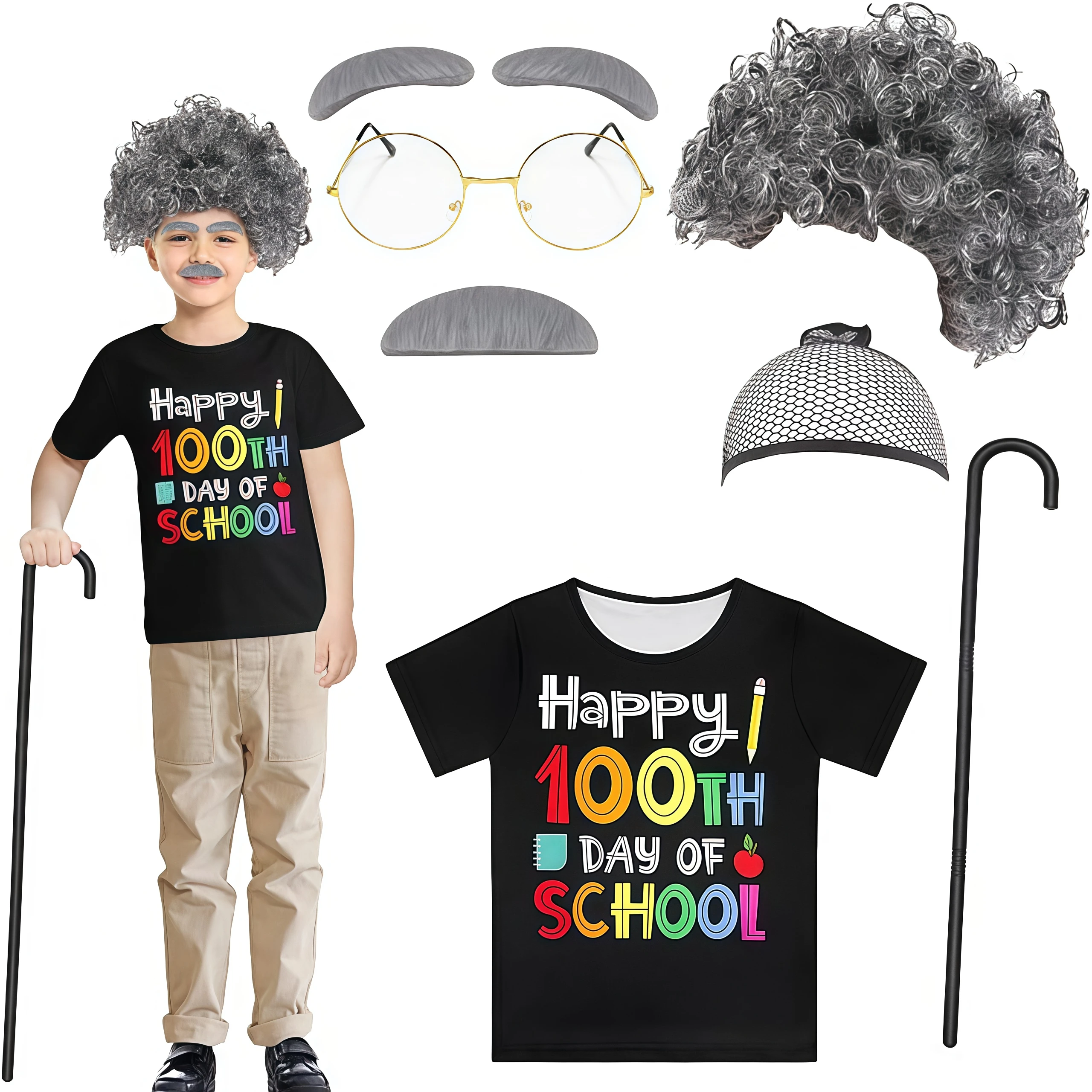 Old Man 100 Days Of School Costume Set For Boys Grandpa Shirt With Accessories For Kids Halloween Carnival Performance Cosplay