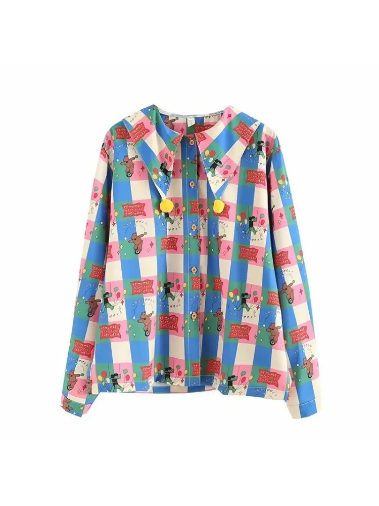 

Harakuju Cartoon Print Blouse For Women 2020 Autumn Vintage Long Sleeve Turndown Collar Shirts Sweet Style Ladies Basic Top