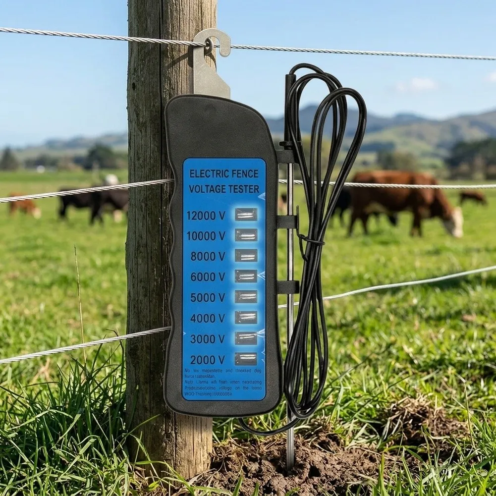 2000V-12000V Electric Fence Tester with 8 Neon Indicator Lights for Metal Polyethylene and Magnetic Tape Compatibility