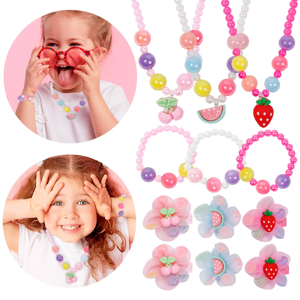 4Pcs/Sets Children's Hair Accessories Set With Necklace Hair Clip Light Color Cute For Kids Fashion Gift Flower Fruits Hair Clip