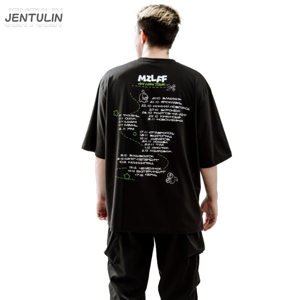 Oversized Men's Tshirt Streetwear Cartoon MZLFF Print Harajuku Hip Hop Korean Short Sleeve Y2k Tops Cotton Graphic Clothing Goth