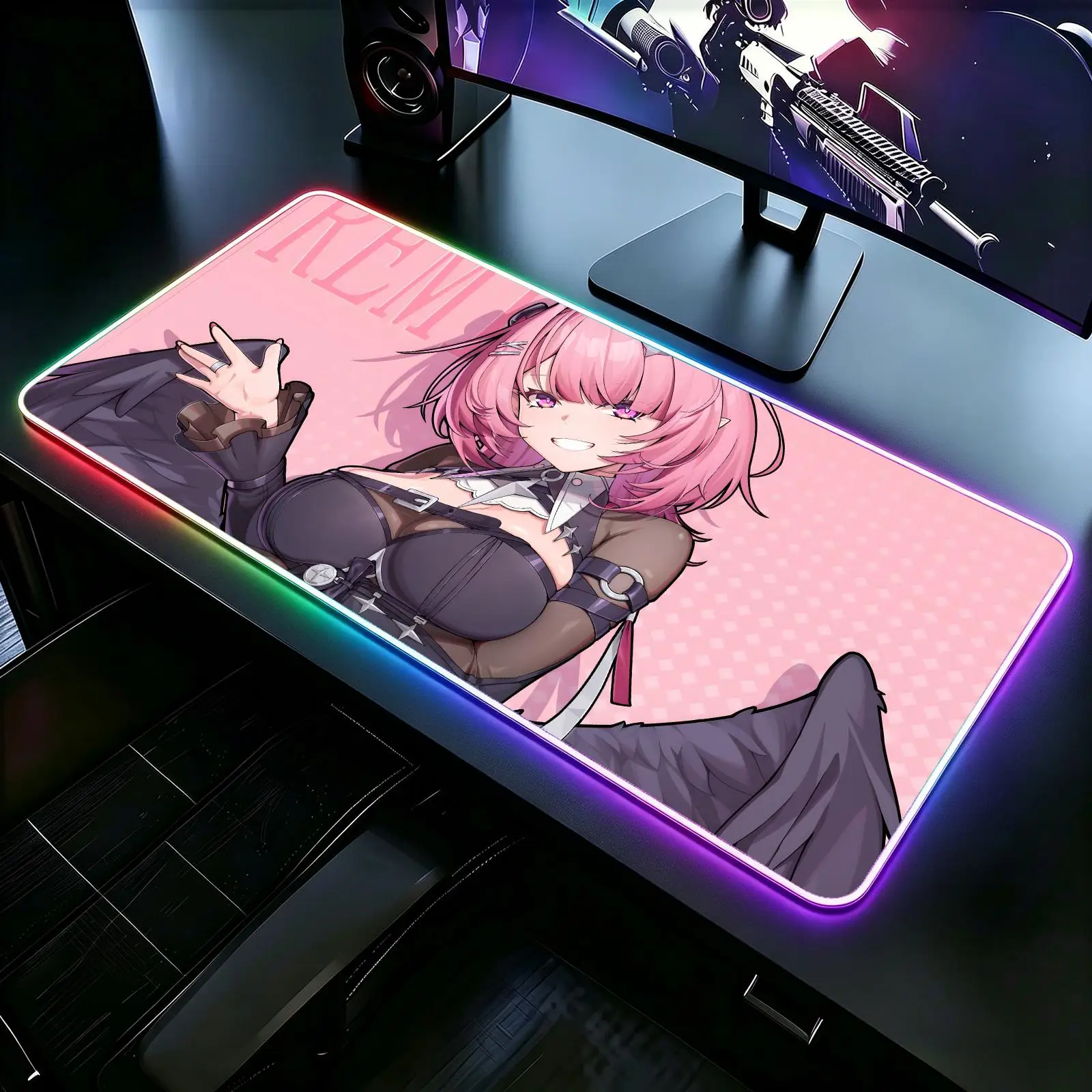 RGB Glow Gaming Desk Pad, wearproof sewn border, anti-slip mat for desktop, bedroom & office use Zenless Zone Zero Remielle Dan