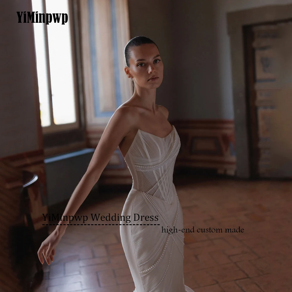 우아한 머메이드 여성 웨딩드레스 2025 신부 백리스 튤 스트랩리스 브라이덜 가운 슬리브리스 비딩 스윕 트레인 맞춤 제작