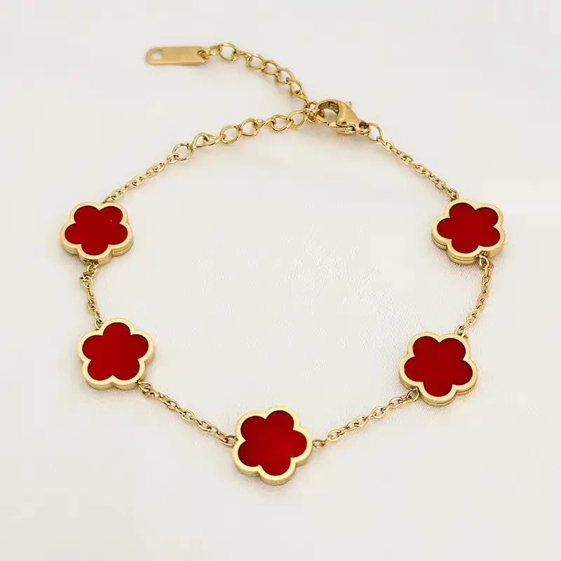 1 Piece Gold Chain Four Leaf Flower Bracelet And Necklace, In White, Black, Green, And Red Colors Respectively, Suitable For Wom