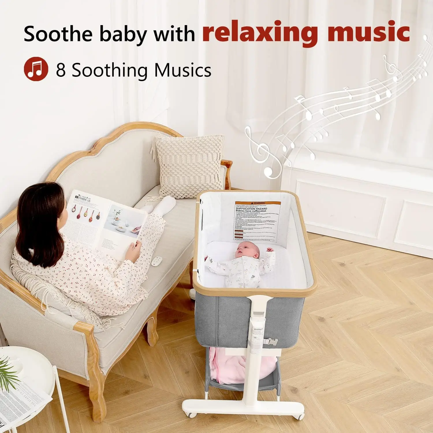 Bassinet goyang bayi elektrik, tempat tidur samping tempat tidur bayi otomatis 3 goyang untuk bayi baru lahir, 3 in 1 penggulung otomatis