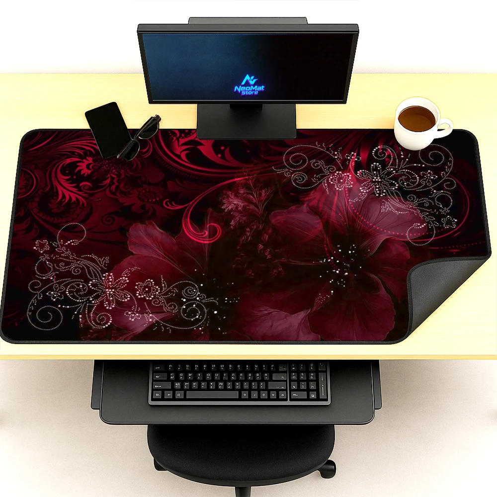 Gothic Floral Desk Mat Gaming Mat Large Swirl Ornate 180x60 Mousepad Elegant Red Deep Setup Full Computer Accessories Playmat