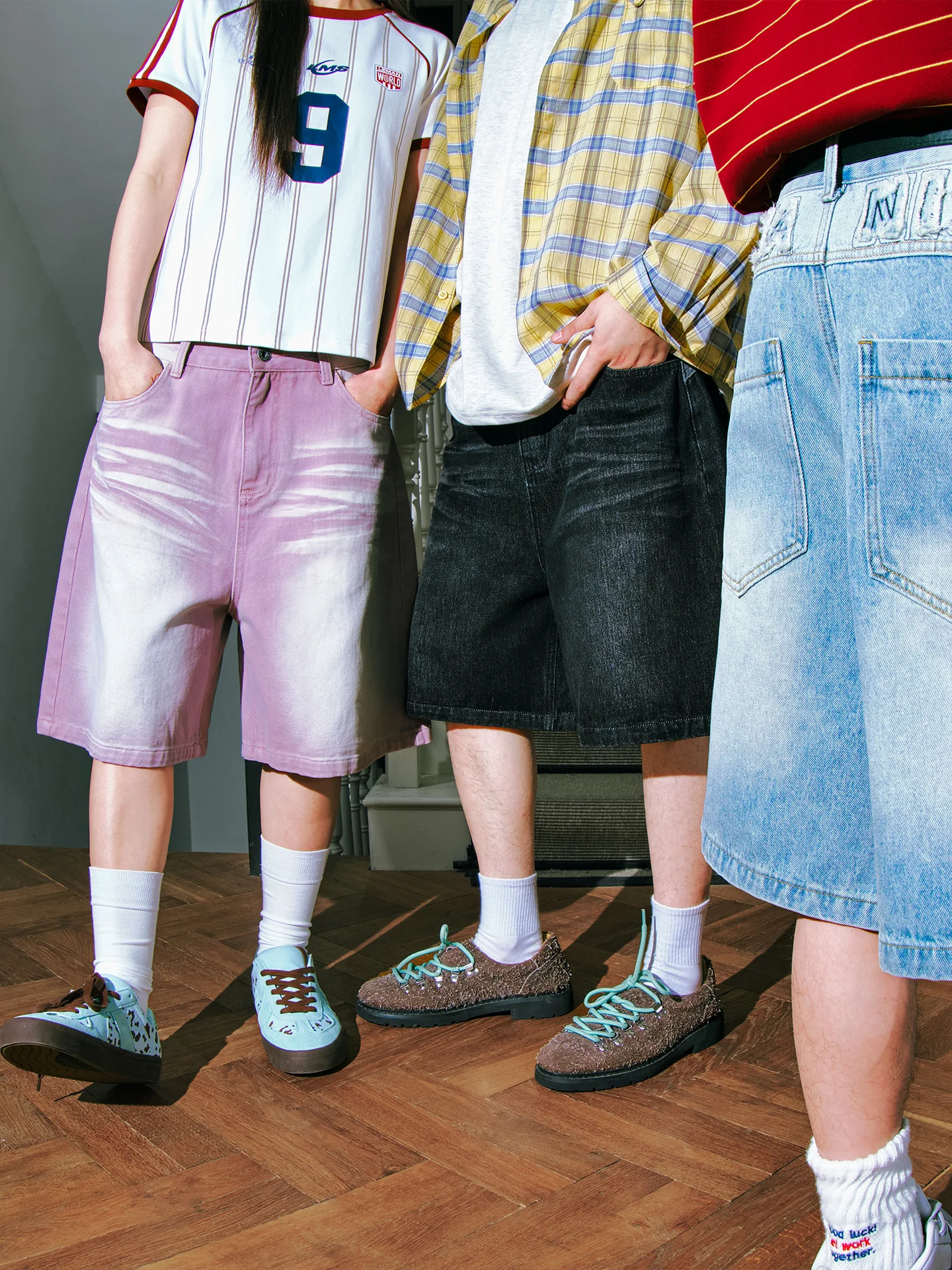 Leormanism American Retro Gradient Denim Shorts Men's Vintage Wide Leg Five-Point Loose Casual Straight Leg Pants Women