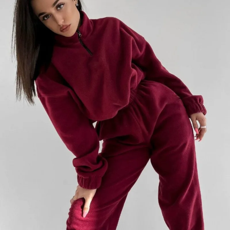 

New Spring Autumn Women's Fashion Solid Color Loose Zipper Stand Collar Sweatshirt Casual 2-piece Set