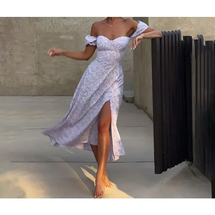 

Long Women's Summer Dress 2025 One Shoulder Floral Long Dresses Sexy Slit Slim Fit Temperament Short Sleeve Skirt Pullover Y2k