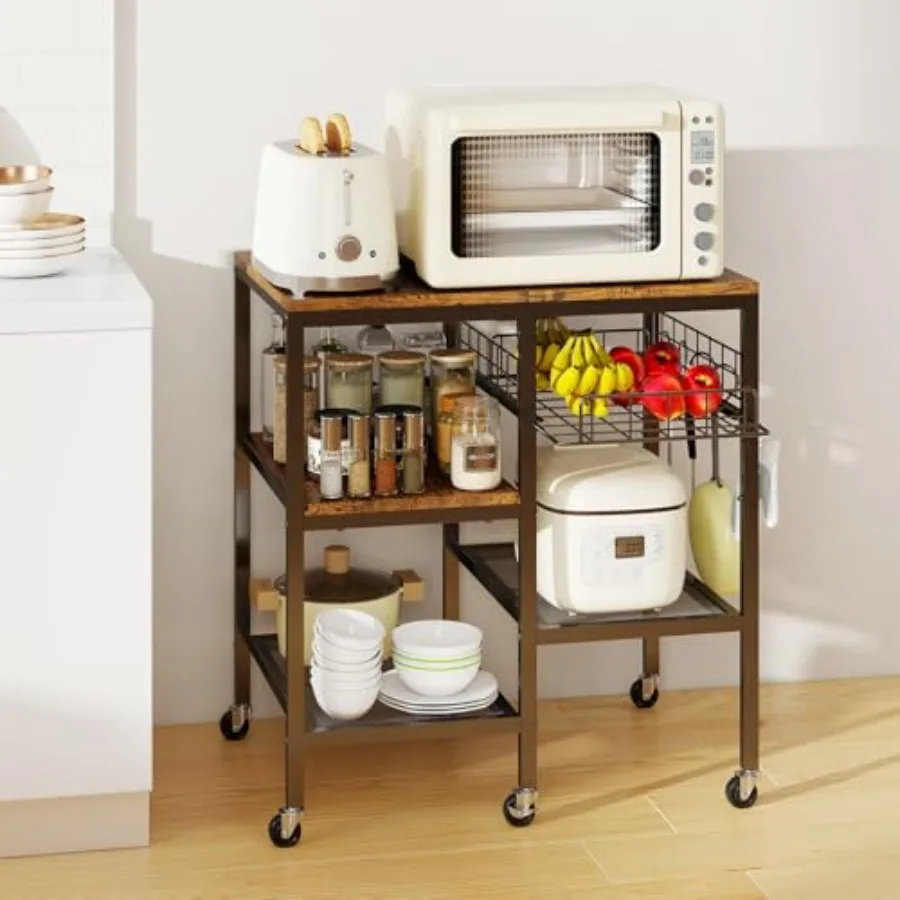 

4-Tier Adjustable Microwave Stand with Storage on Wheels - Rolling Kitchen Cart and Mobile Coffee Bar Standing Baker's Rack for