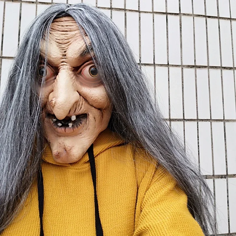 Masque de Sorcière Effrayant en Latex avec Cheveux, Robe de Barrage d'Halloween, Costume de ixde Grimace, Accessoires de Cosplay, Taille Unique, CMM1301